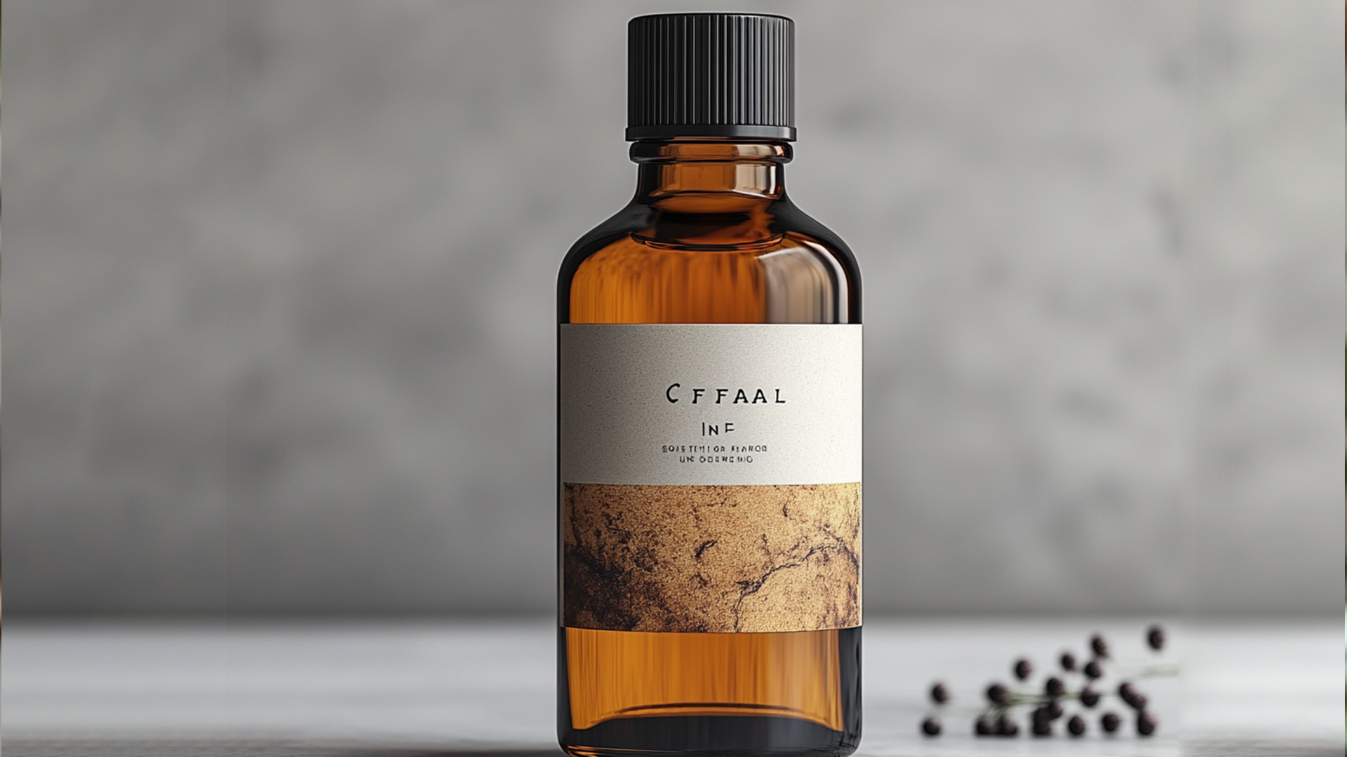 Amber glass bottle with minimalist label design